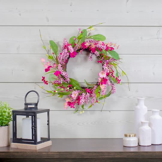 18" Pink Geranium & Berry Artificial Spring Floral Wreath